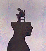 Depressed man sitting inside of man's head, illustration