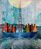 Ladder rescuing people in upside umbrella, illustration