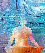 Man meditating in lotus position, illustration
