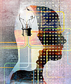 Connections from light bulb linking two heads, illustration