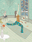 Woman doing yoga in lounge in autumn, illustration