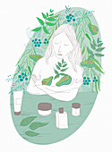 Woman embracing avocado skin care, illustration