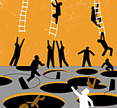 People struggling to escape holes in ground, illustration