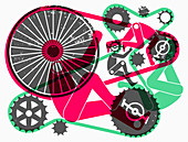 Abstract pattern of bicycles and cyclists, illustration
