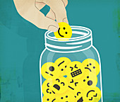 Hand picking from jar of emoticons, illustration
