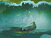 Digital wave engulfing man, illustration