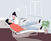 Tense woman in dentist's chair, illustration
