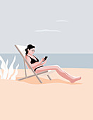 Woman relaxing on beach, illustration