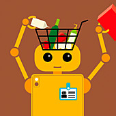 Robot filling shopping basket, illustration