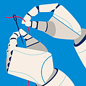 Robotic hands threading a needle, illustration
