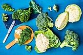 Broccoli, cauliflower, green cabbage and kale