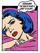 Woman lying awake sweating at night,illustration