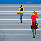 Students ascending steps,illustration