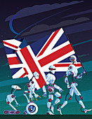 Evolution of robots carrying Union Jack flag,illustration