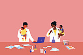 Scientists holding babies,illustration