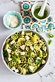 Ruote pasta salad with zucchini pesto and mozzarella