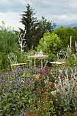 Ornate garden furniture in idyllic seating area