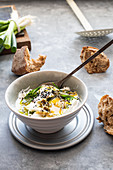 Turkish eggs with labneh scallion oil and scallion butter