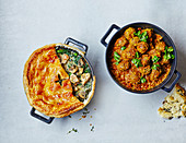 Chicken kale pot pie with mushrooms, Lamb meatball curry