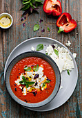 Pepper and tomato soup with feta cheese