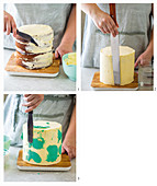 A woodland cake: a cake with yellow-green butter cream frosting being made