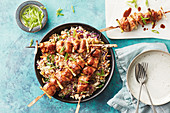 Mongolian chicken skewes with speedy fried rice