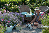 Wicker armchair on the flower bed with lavender, Persian rose and echinacea, woman playing with the dog Zula