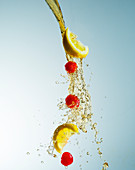 Spilling liquid and fruits