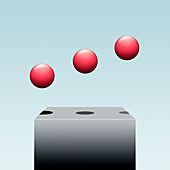 Three balls suspended above box, illustration
