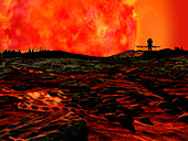 Red giant star over a dying alien planet, illustration