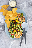 Mexican chicken and nachos salad with basil and lemon dressing