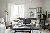 Alte Illustrationen als Bilder hinterm Sofa im Wohnzimmer im Vintage-Stil