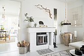 Fireplace in white, Bohemian-style living room