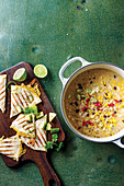 Mexican bean soup with quesadilla toasties