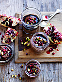 Chocolate cream with pistachios and pomegranate