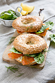 Sesame bagel with salmon and spinach