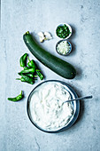 Tzatziki with courgette and roasted peppers