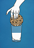 Hand versucht einen zu großen Keks in ein Glas mit Milch geben (Illustration)