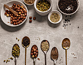 Assortment of spices, seeds and nuts in bowls on gray background
