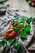 Stilleben mit verschiedenen frischen Tomaten auf Leinentuch