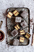 Lamingtons with strawberry jam