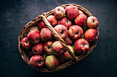 Fresh red apples on dark table and in a wicker basket on dark background