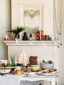 A Christmas buffet in front of a fireplace