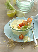 Parsnip soup with fennel and salmon skewers