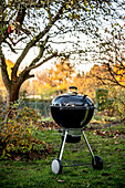 A kettle grill in an autumnal meadow by a lake