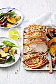 Fennel and orange salt roast pork rack with beetroot and orange salad