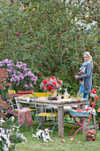 Sitzgruppe im Garten, Frau bei der Apfelernte, Hund Zula
