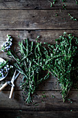 Fresh rosemary and thyme on a rustic wooden background