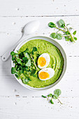Green smoothie bowl with boiled eggs