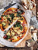 Mushroom and three-cheese no-knead pizza
